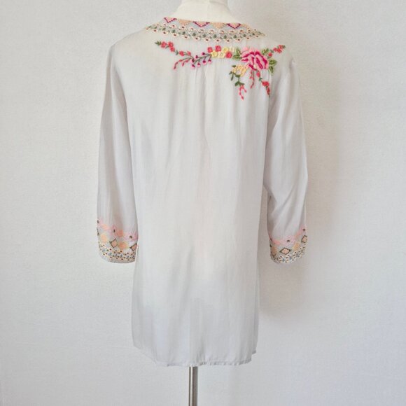 Johnny Was Floral Embroidered Semi Sheer Chiffon Tunic Blouse 3/4 Sleeve - Picture 6 of 14